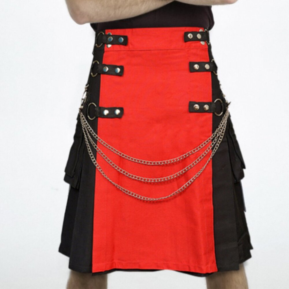 Black Utility Kilt with Removable Chains & Red Apron  Gothic Punk Men’s
